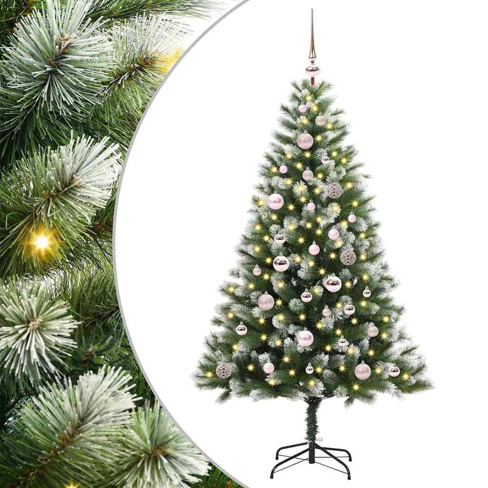 Artificial Hinged Christmas Tree with Flocked Snow 150 LEDs 150 cm with LEDs&pink balls