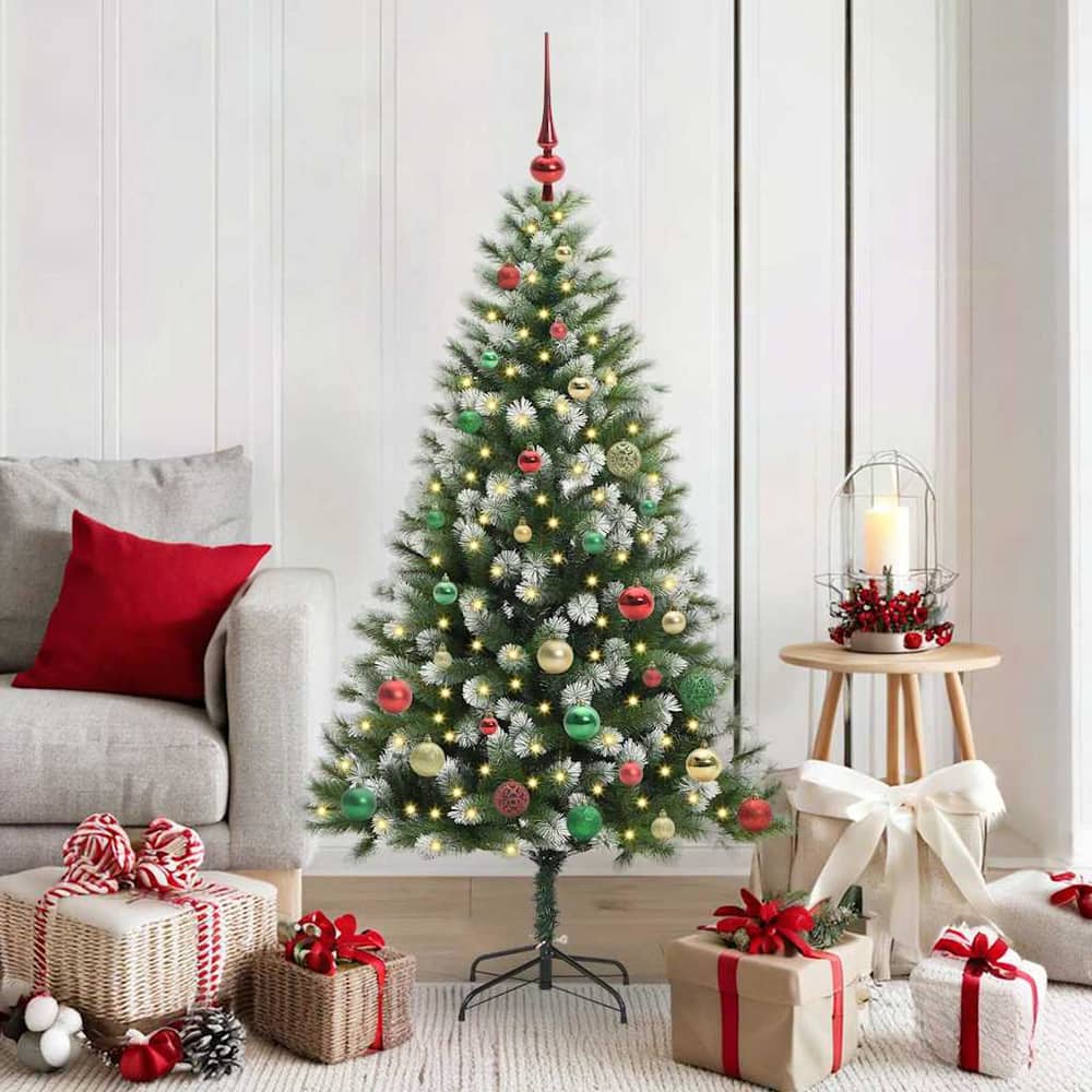 Artificial Hinged Christmas Tree with Flocked Snow 150 LEDs 150 cm with LEDs&multicolour balls