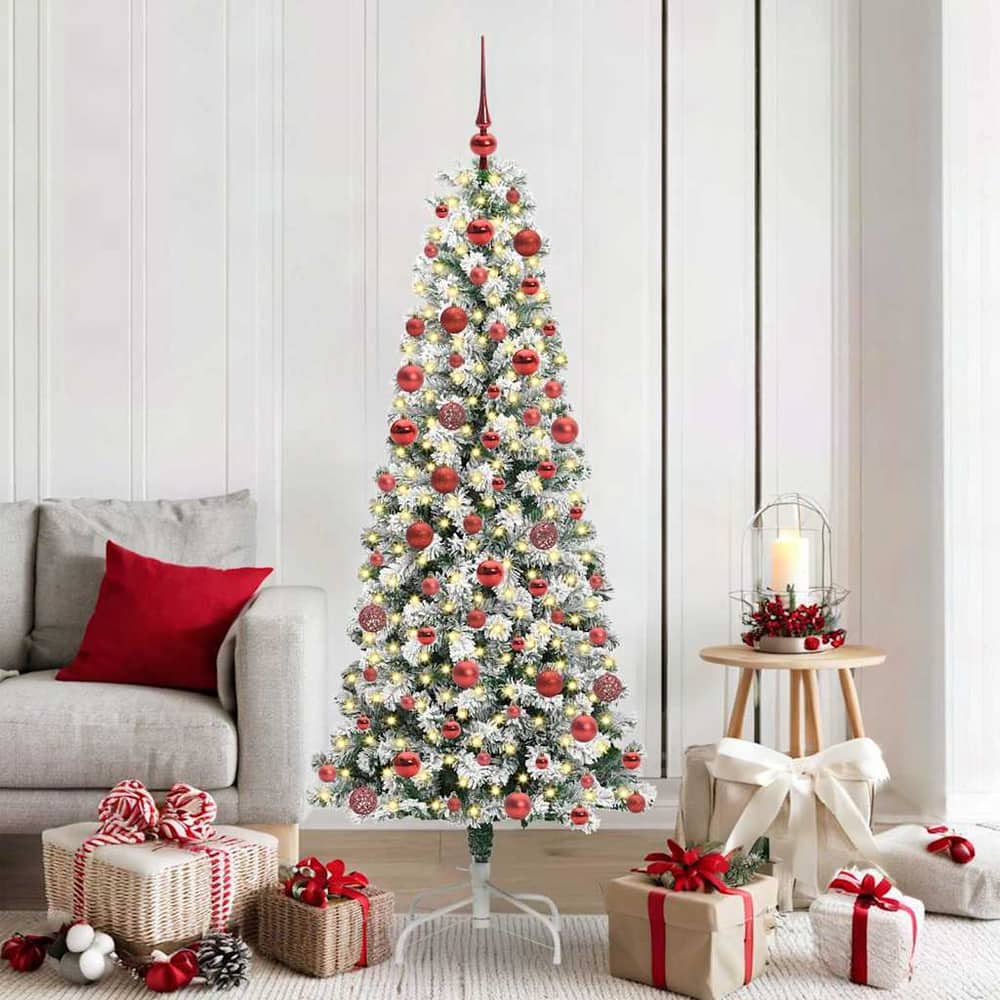 Artificial Hinged Christmas Tree Green and White 180 cm with LEDs &red balls