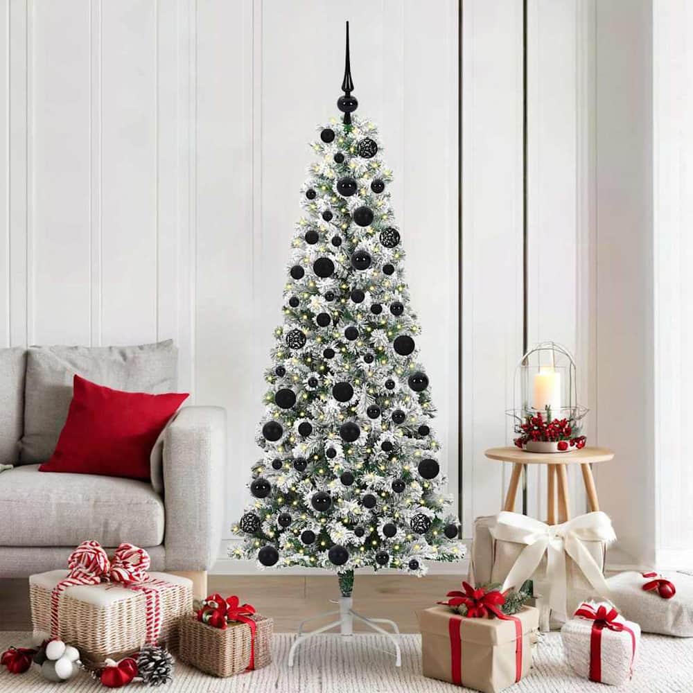 Artificial Hinged Christmas Tree Green and White 180 cm with LEDs &black balls