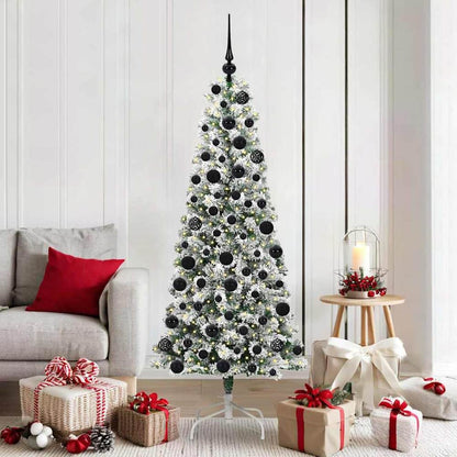 Artificial Hinged Christmas Tree Green and White 180 cm with LEDs &black balls