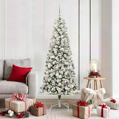 Artificial Hinged Christmas Tree Green and White 180 cm with LEDs &pink balls
