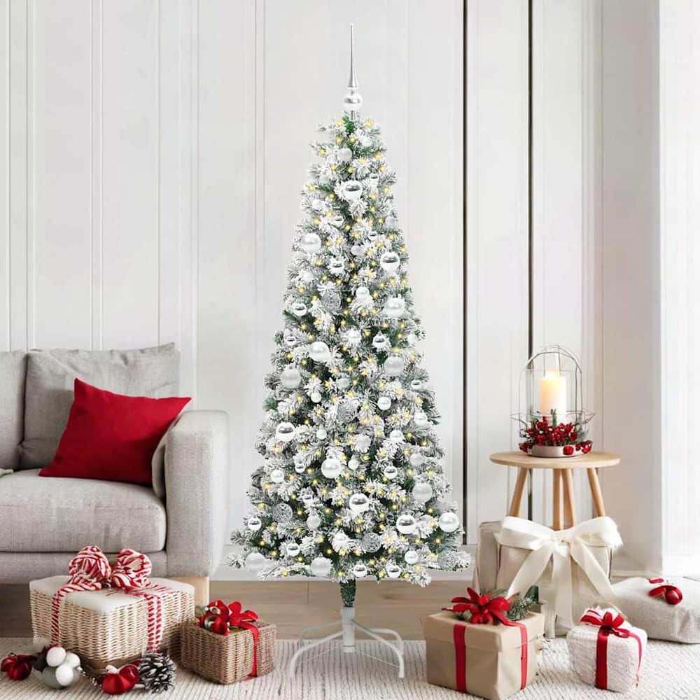 Artificial Hinged Christmas Tree Green and White 180 cm with LEDs &silver balls