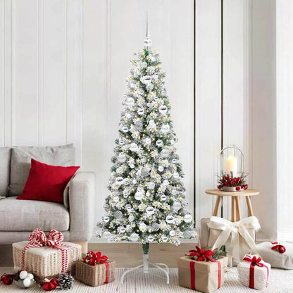 Artificial Hinged Christmas Tree Green and White 180 cm with LEDs &silver balls