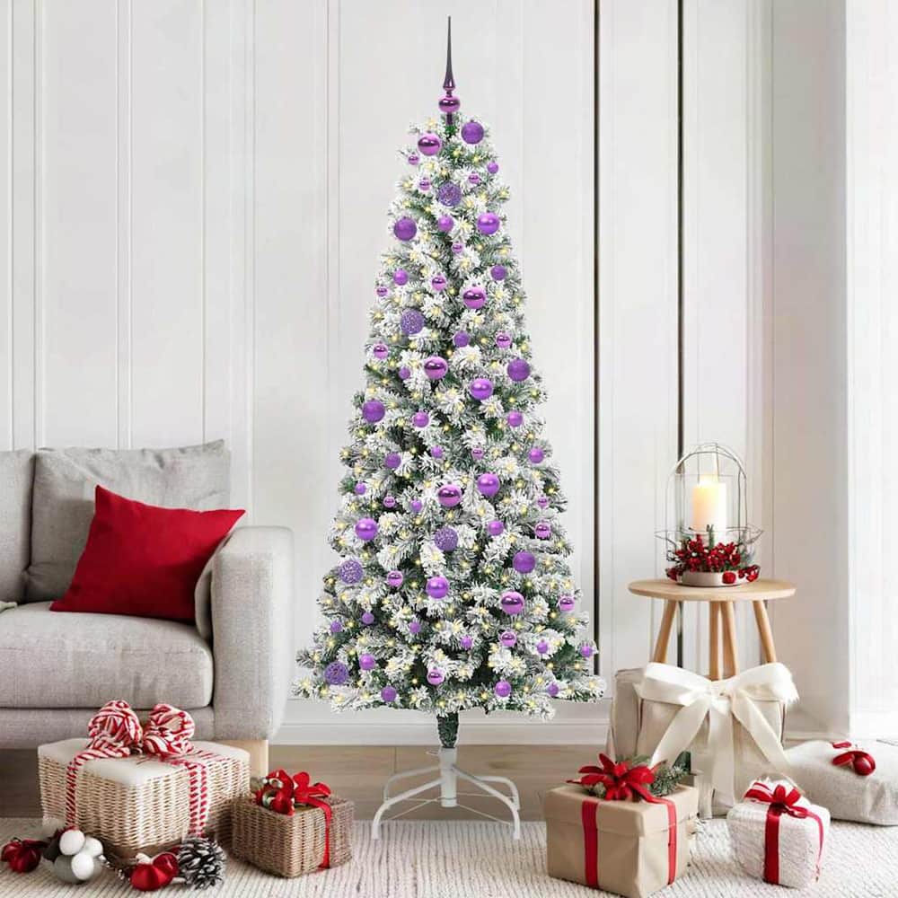 Artificial Hinged Christmas Tree Green and White 180 cm with LEDs &lilac balls