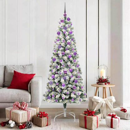 Artificial Hinged Christmas Tree Green and White 180 cm with LEDs &lilac balls