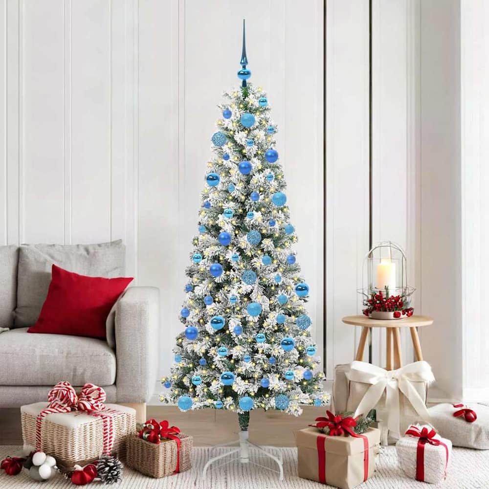 Artificial Hinged Christmas Tree Green and White 180 cm with LEDs &blue balls