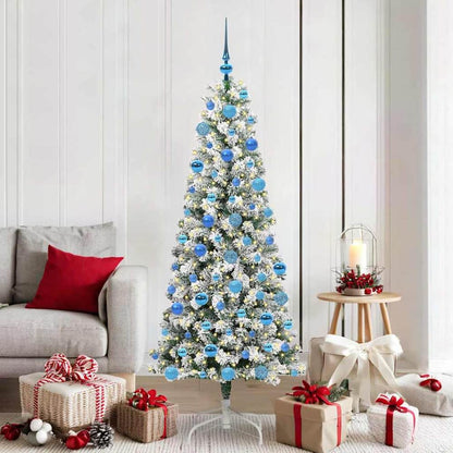 Artificial Hinged Christmas Tree Green and White 180 cm with LEDs &blue balls