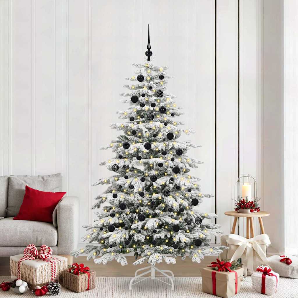Artificial Hinged Christmas Tree White PE and PVC 210 cm with LEDs &black balls