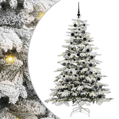 Artificial Hinged Christmas Tree White PE and PVC 210 cm with LEDs &black balls