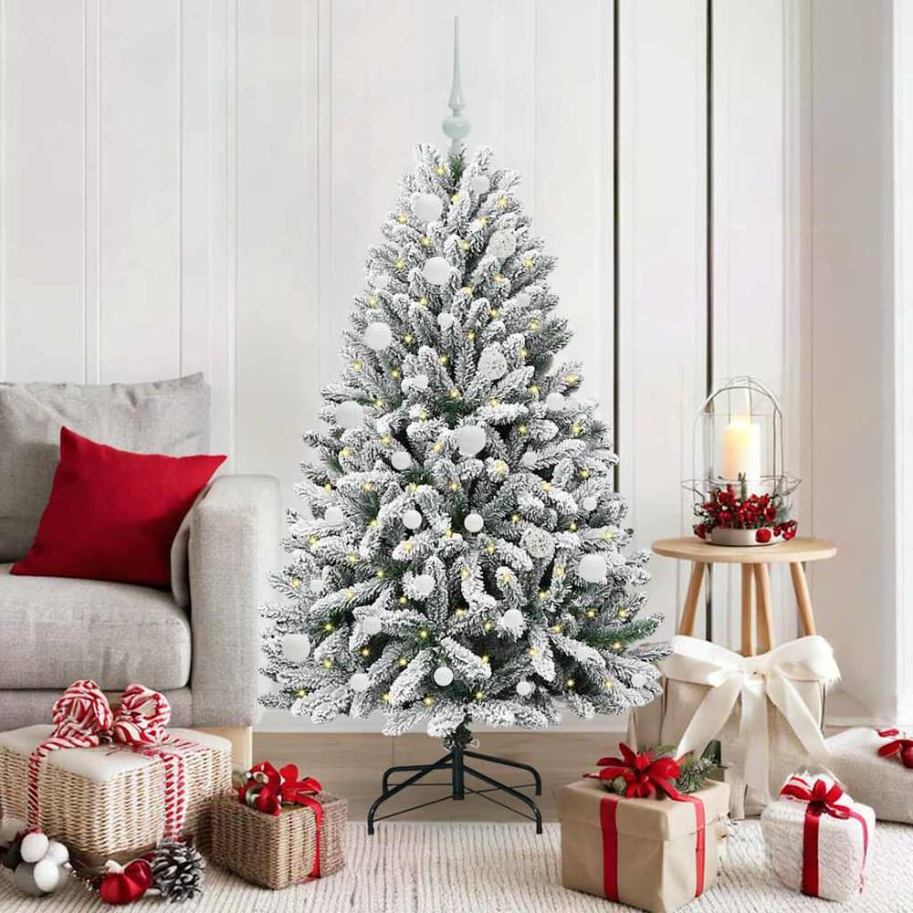 Artificial Christmas Tree 150 cm 150 LEDs Warm White Green and White Ø 80 x 150 cm with 150 LEDs&white balls