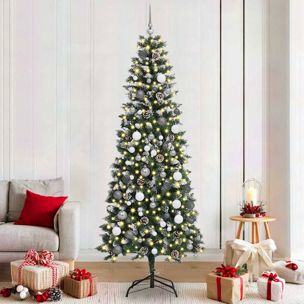 Artificial Christmas Tree Green 210 cm with LEDs &white/grey balls