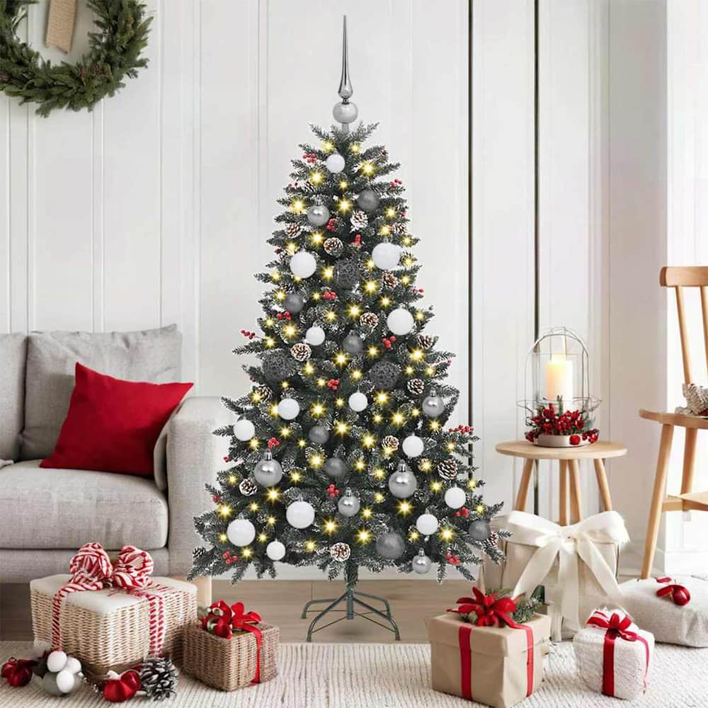 Artificial Christmas Tree Green 150 cm with LEDs &white/grey balls
