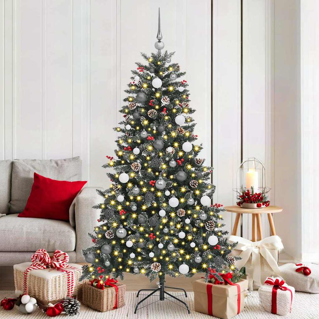 Artificial Christmas Tree Green 180 cm with LEDs &white/grey balls