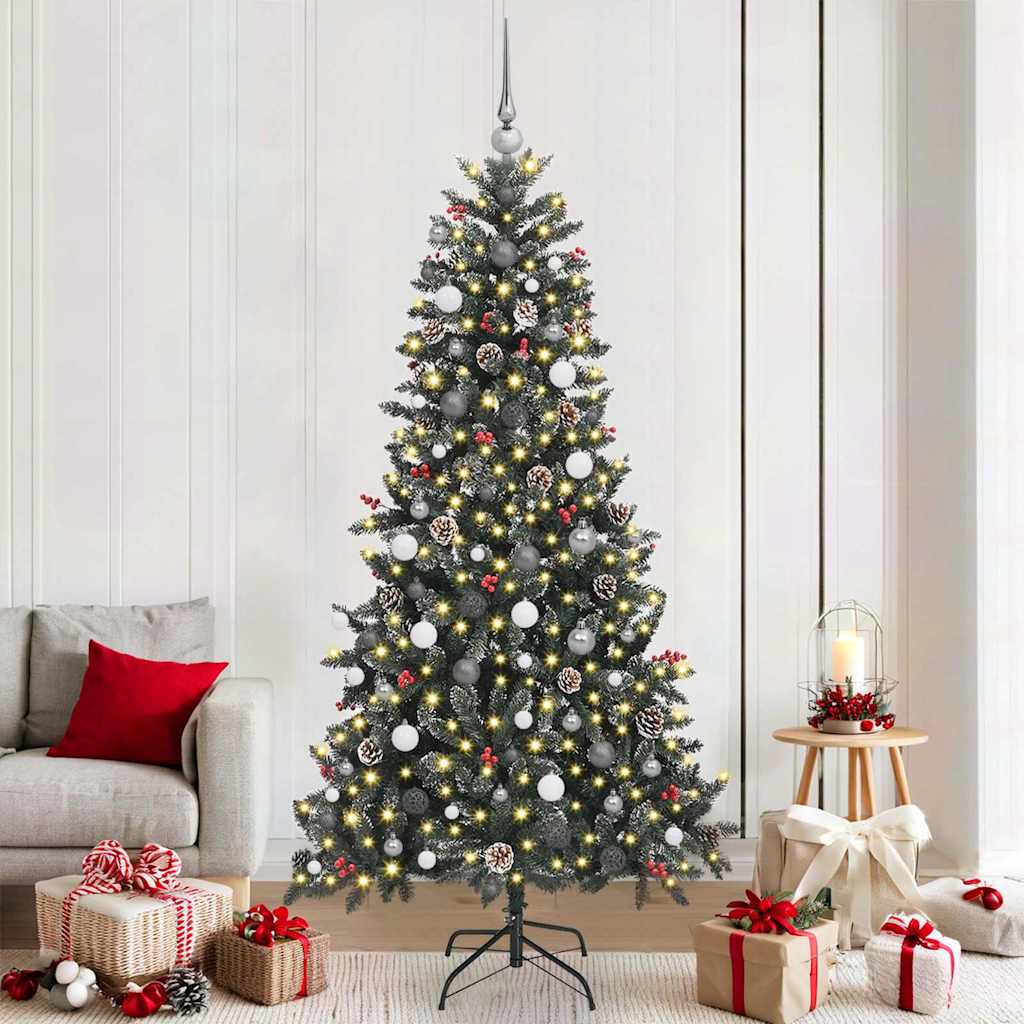 Artificial Christmas Tree Green 210 cm with LEDs &white/grey balls