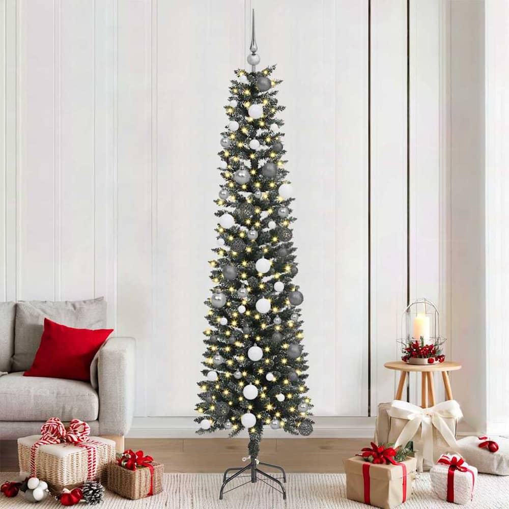Artificial Christmas Tree Green 210 cm with LEDs &white/grey balls