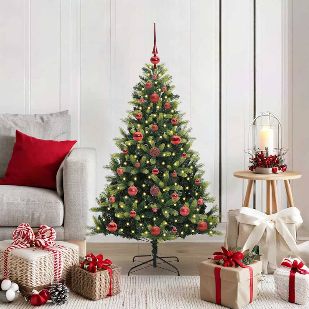 Artificial Hinged Christmas Tree 150 LEDs Green 120 cm with LEDs&red balls