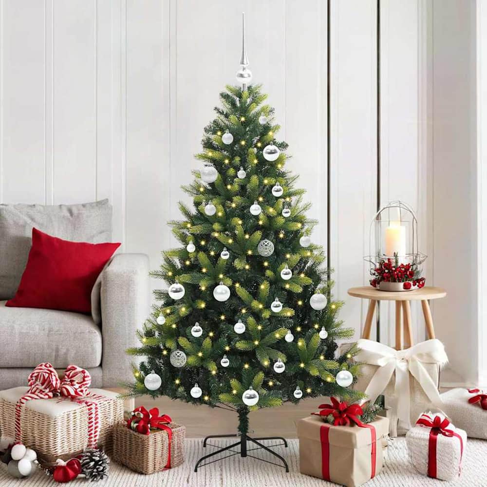 Artificial Hinged Christmas Tree 150 LEDs Green 150 cm with LEDs&silver balls