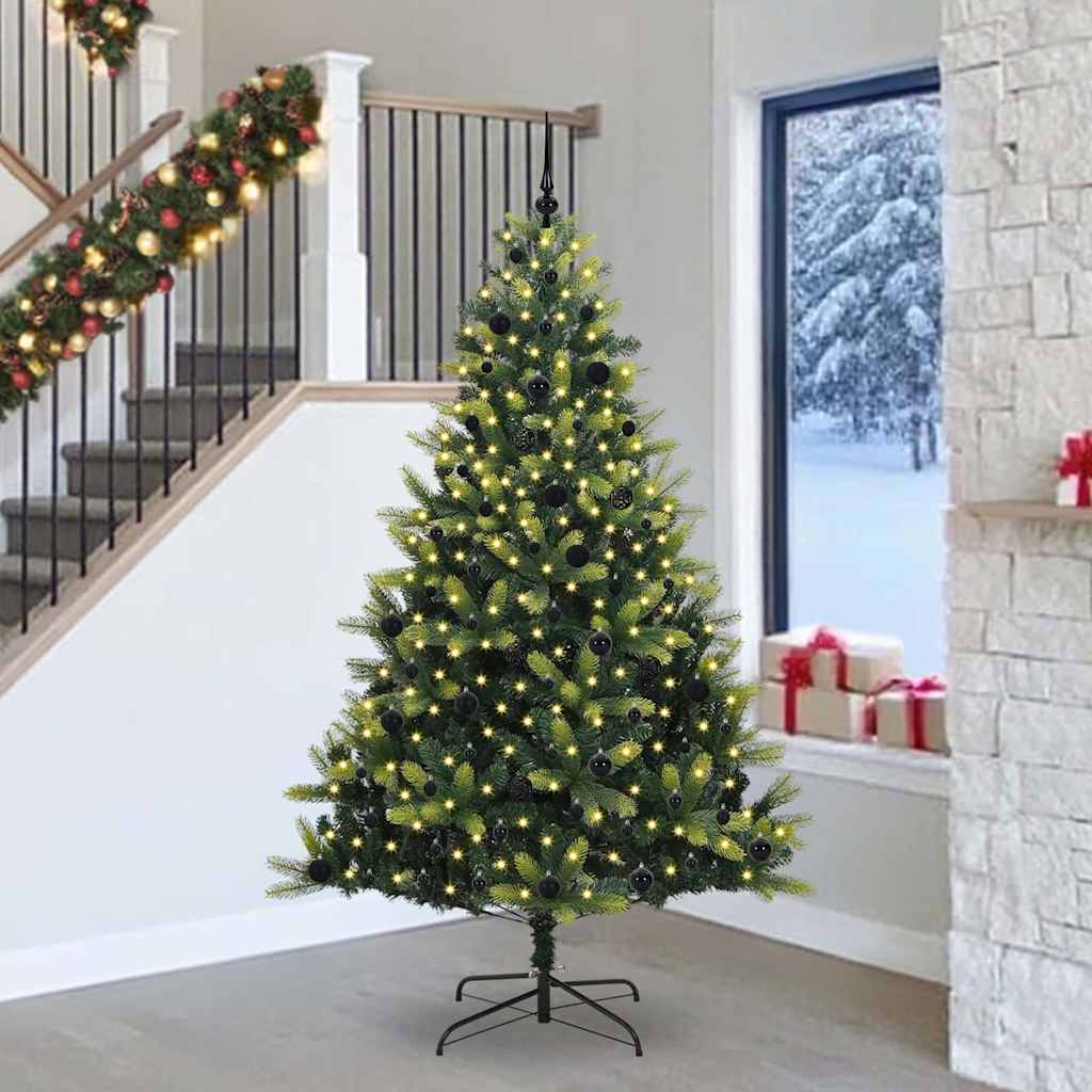 Artificial Hinged Christmas Tree 300 LEDs Green 240 cm with LEDs&black balls