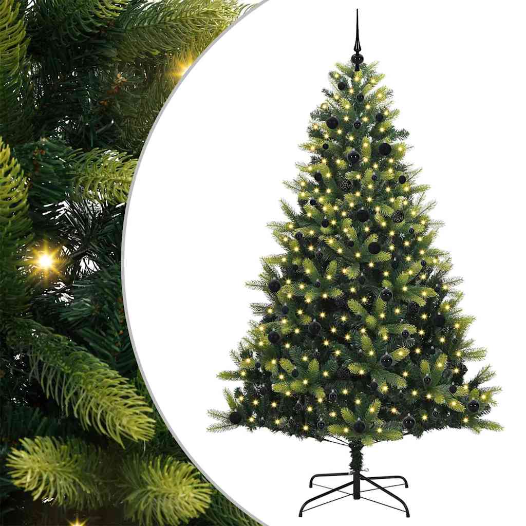 Artificial Hinged Christmas Tree 300 LEDs Green 240 cm with LEDs&black balls