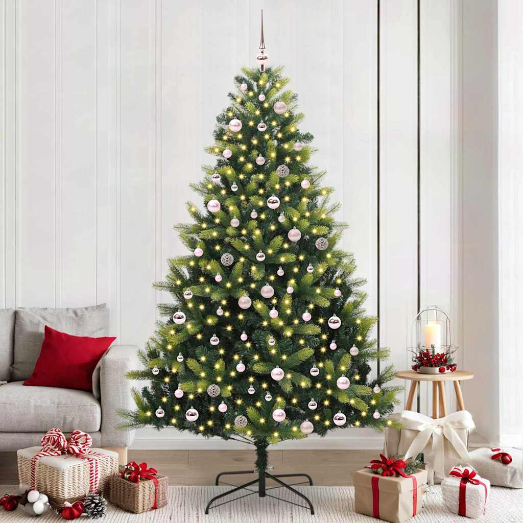 Artificial Hinged Christmas Tree 300 LEDs Green 240 cm with LEDs&pink balls