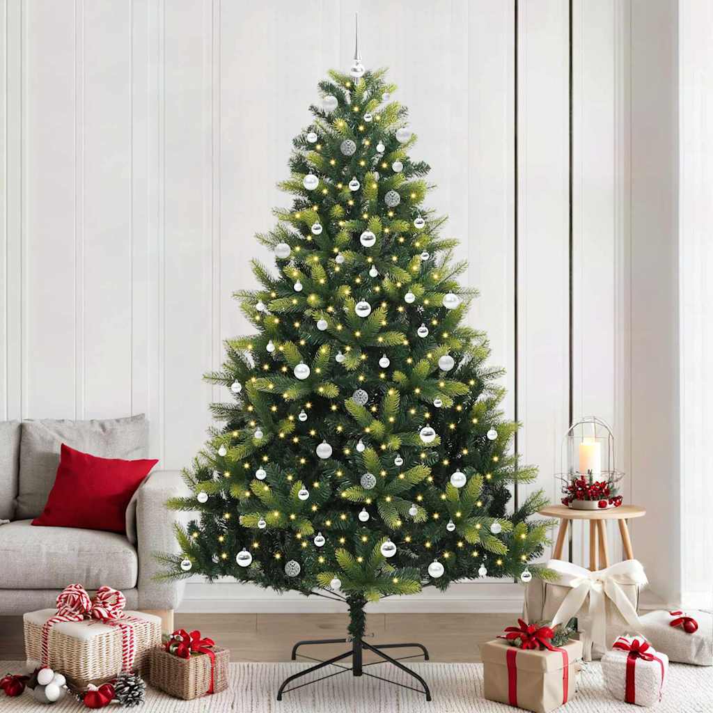 Artificial Hinged Christmas Tree 300 LEDs Green 240 cm with LEDs&silver balls