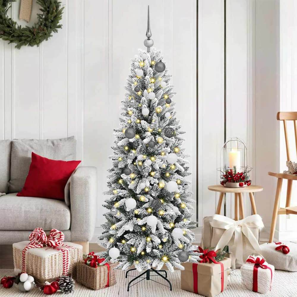 Artificial Christmas Tree White Green and White 150 cm with LEDs &white/grey balls