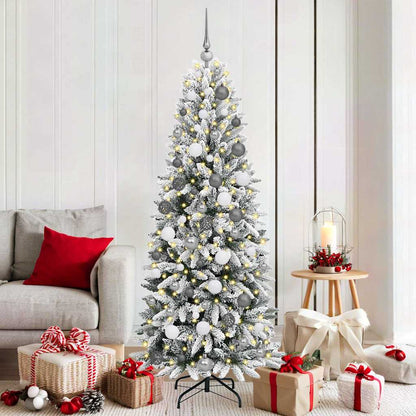 Artificial Christmas Tree White Green and White 180 cm with LEDs &white/grey balls