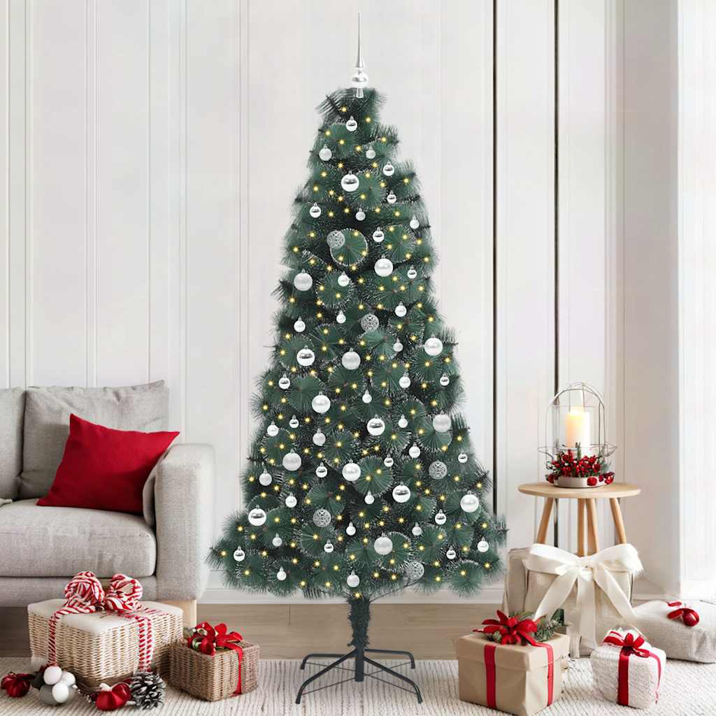 Artificial Pre-lit Christmas Tree with Ball Set Green 210 cm with LEDs &silver balls