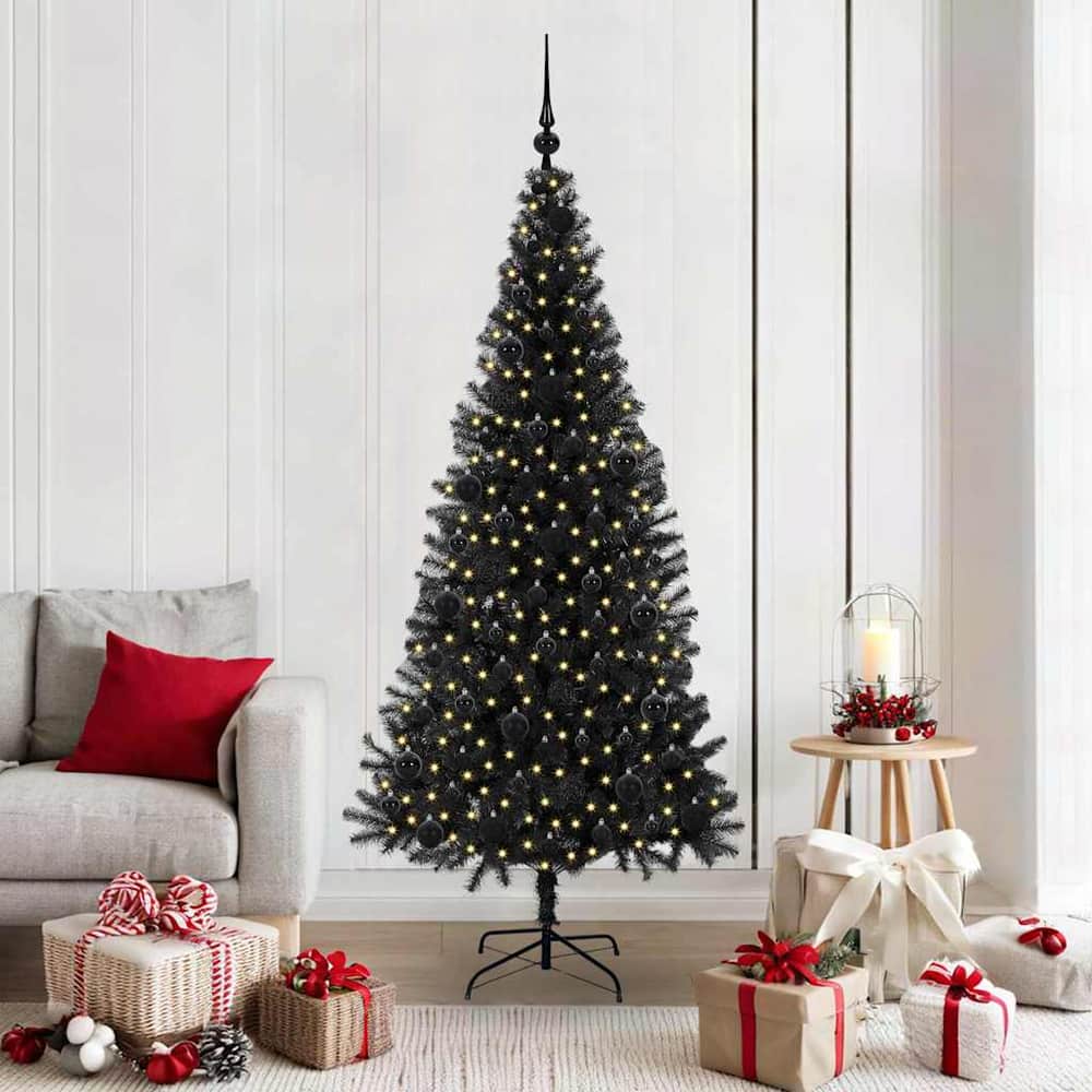 Christmas Tree PVC 180 cm Black with 300 LEDs&black balls