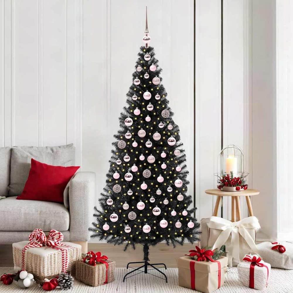 Christmas Tree PVC 180 cm Black with 300 LEDs&pink balls