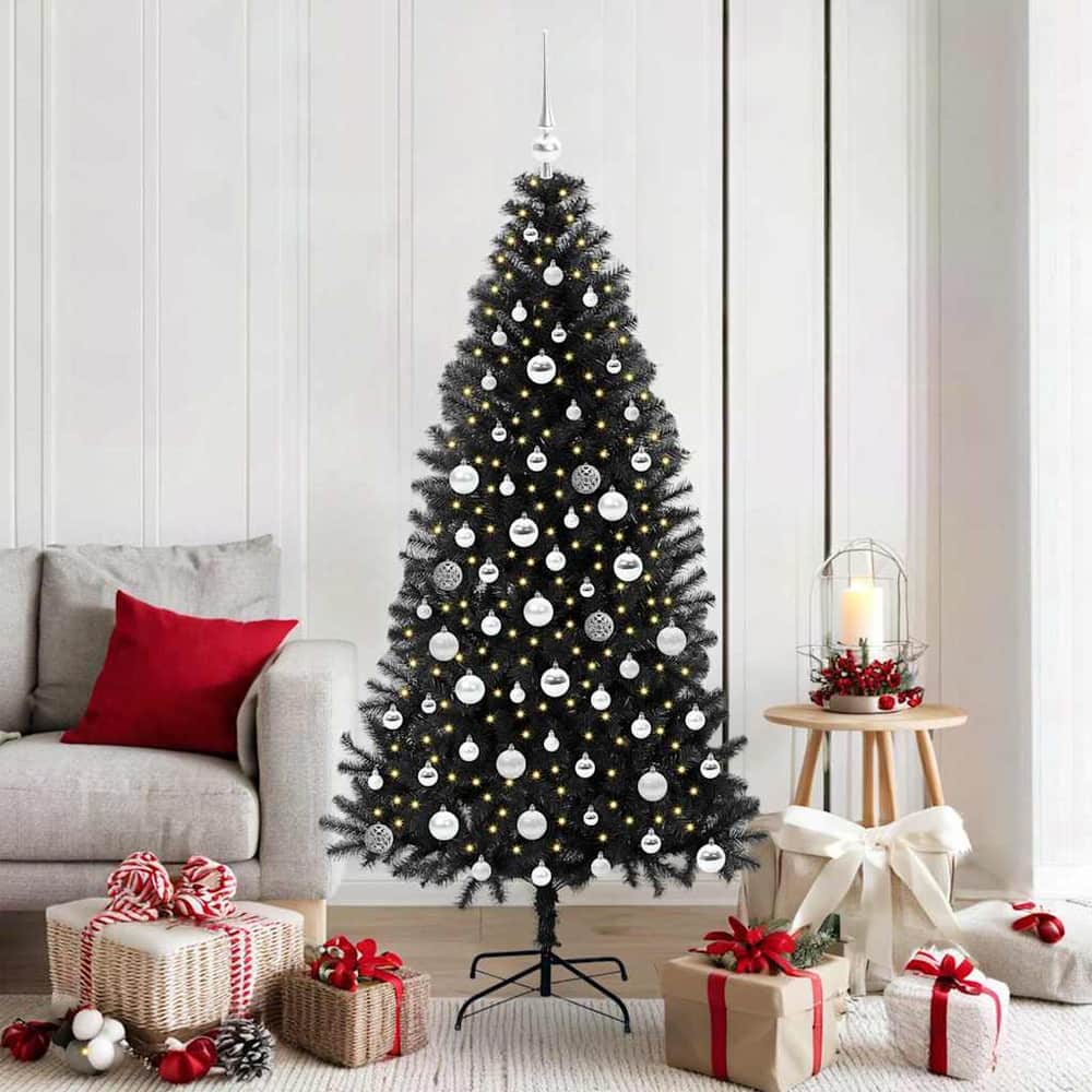 Christmas Tree PVC 180 cm Black with 300 LEDs&silver balls