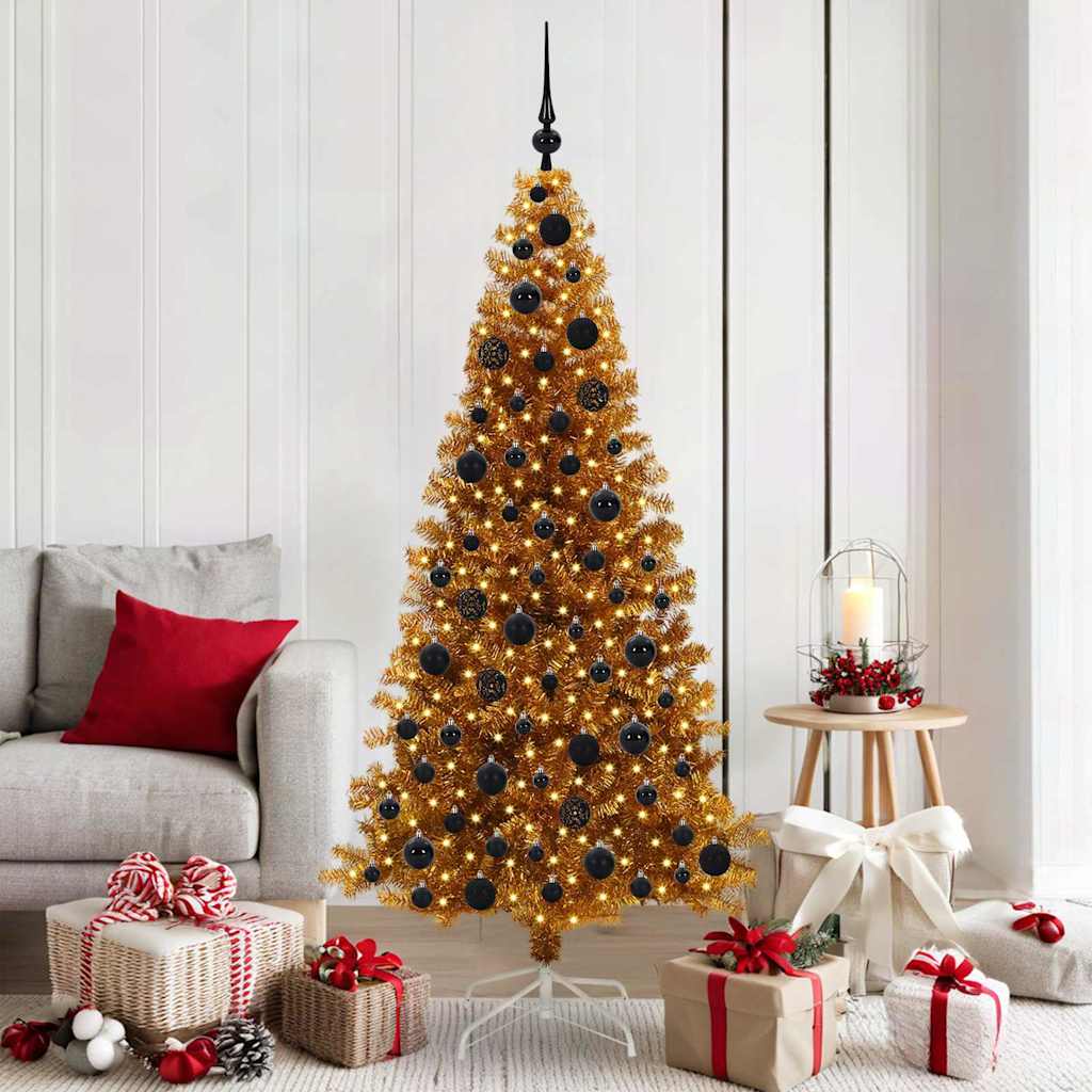 Christmas Tree PET 180 cm Gold with 300 LEDs&black balls