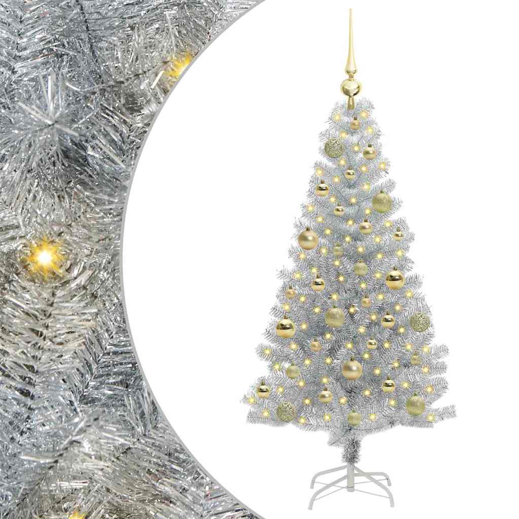 Christmas Tree PET 120 cm Silver with 150 LEDs&gold balls