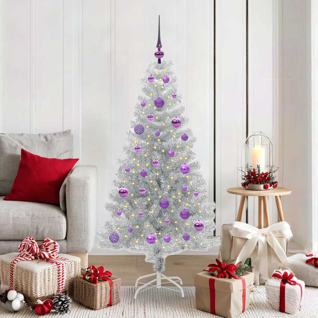 Christmas Tree PET 150 cm Silver with 150 LEDs&lilac balls