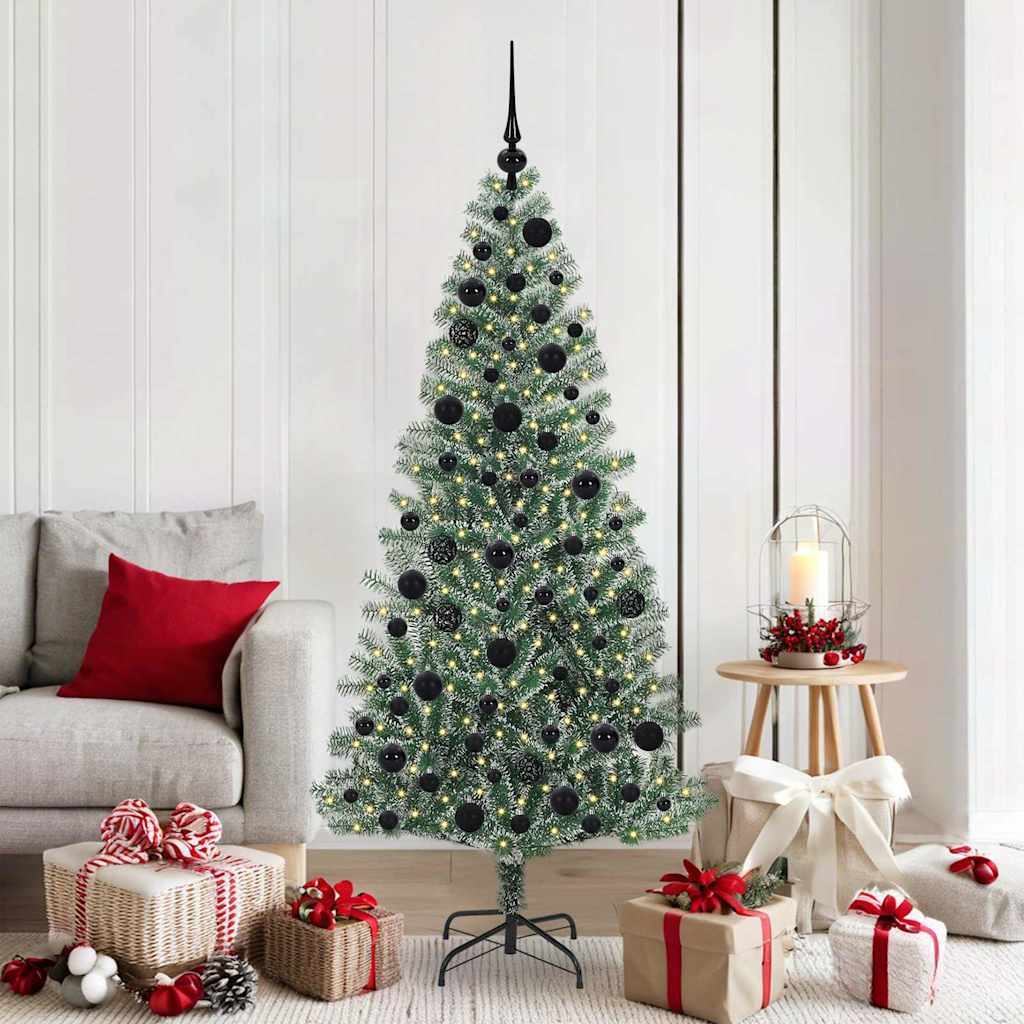 Artificial Christmas Tree Snow Flocked with LED Light 180 cm with LEDs&black balls
