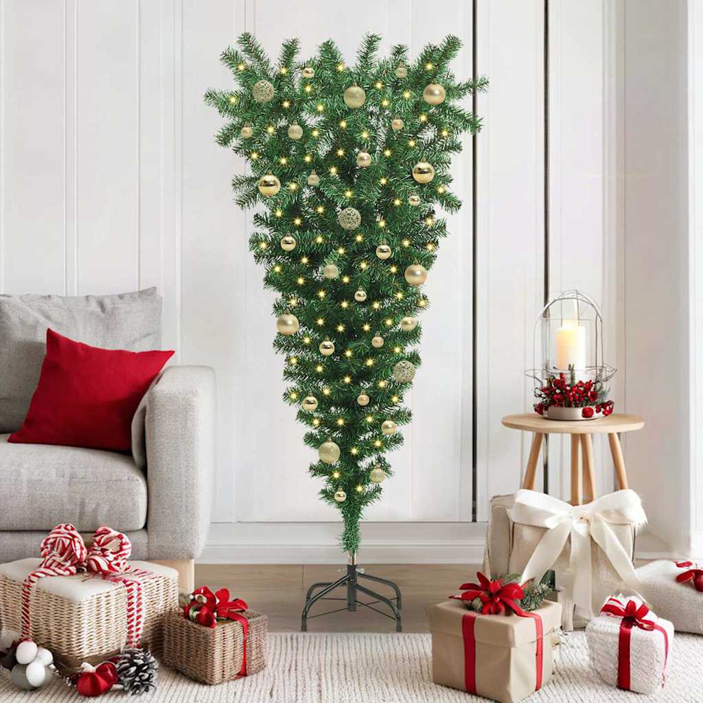 Upside-down Artificial Pre-lit Christmas Tree with Ball Set PVC Width 150 cm with 61 golden balls