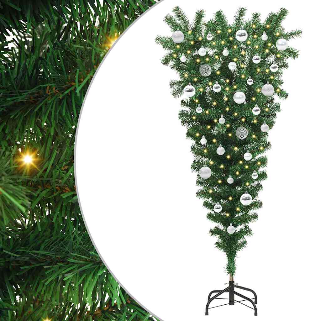 Upside-down Artificial Pre-lit Christmas Tree with Ball Set PVC Width 150 cm with 61 silver balls