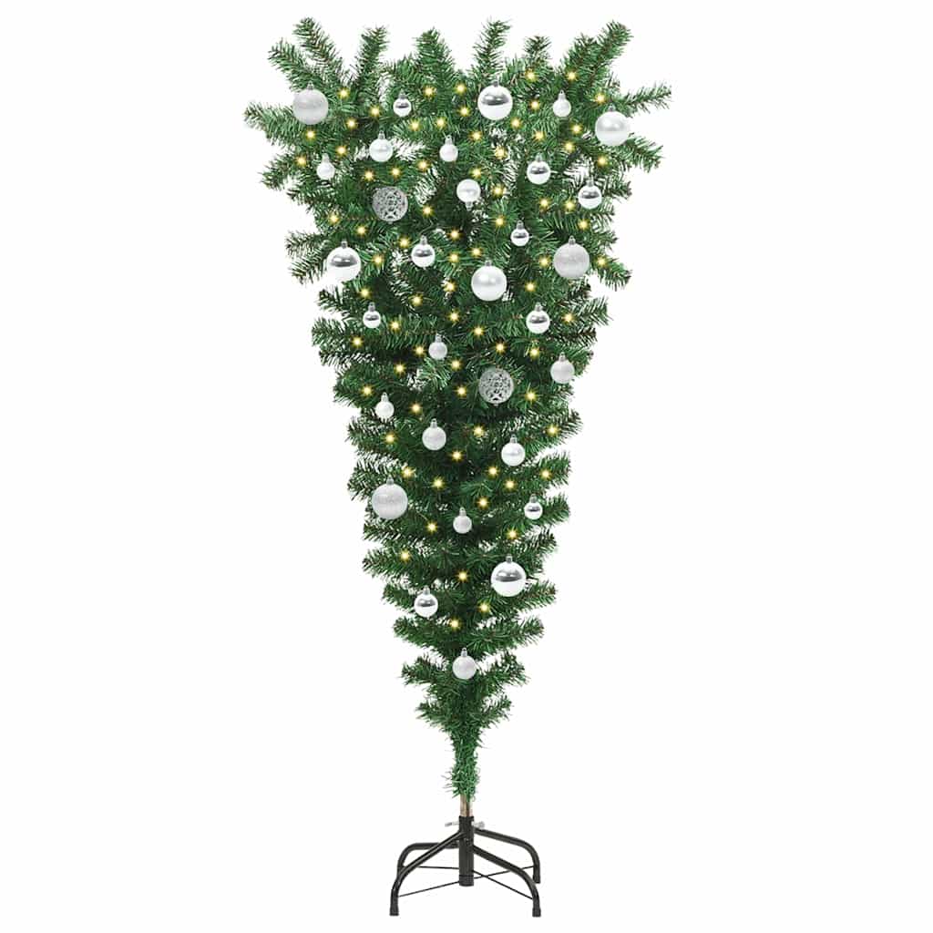 Upside-down Artificial Pre-lit Christmas Tree with Ball Set PVC Width 150 cm with 61 silver balls