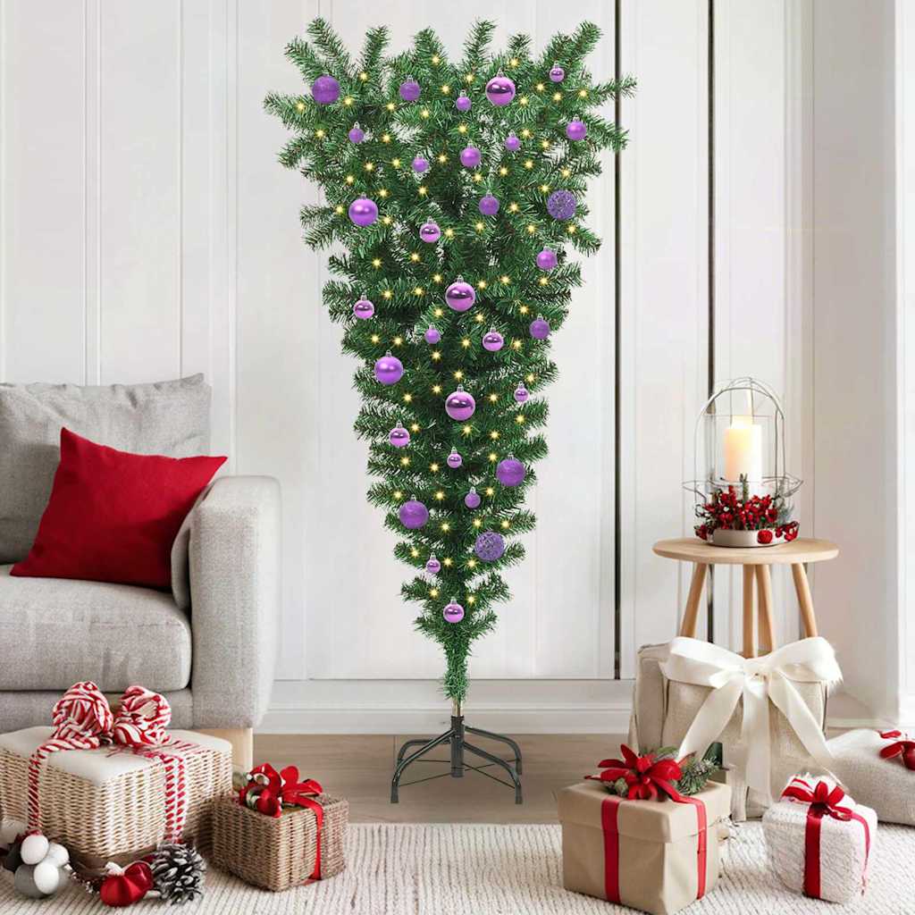 Upside-down Artificial Pre-lit Christmas Tree with Ball Set PVC Width 150 cm with 61 lilac balls