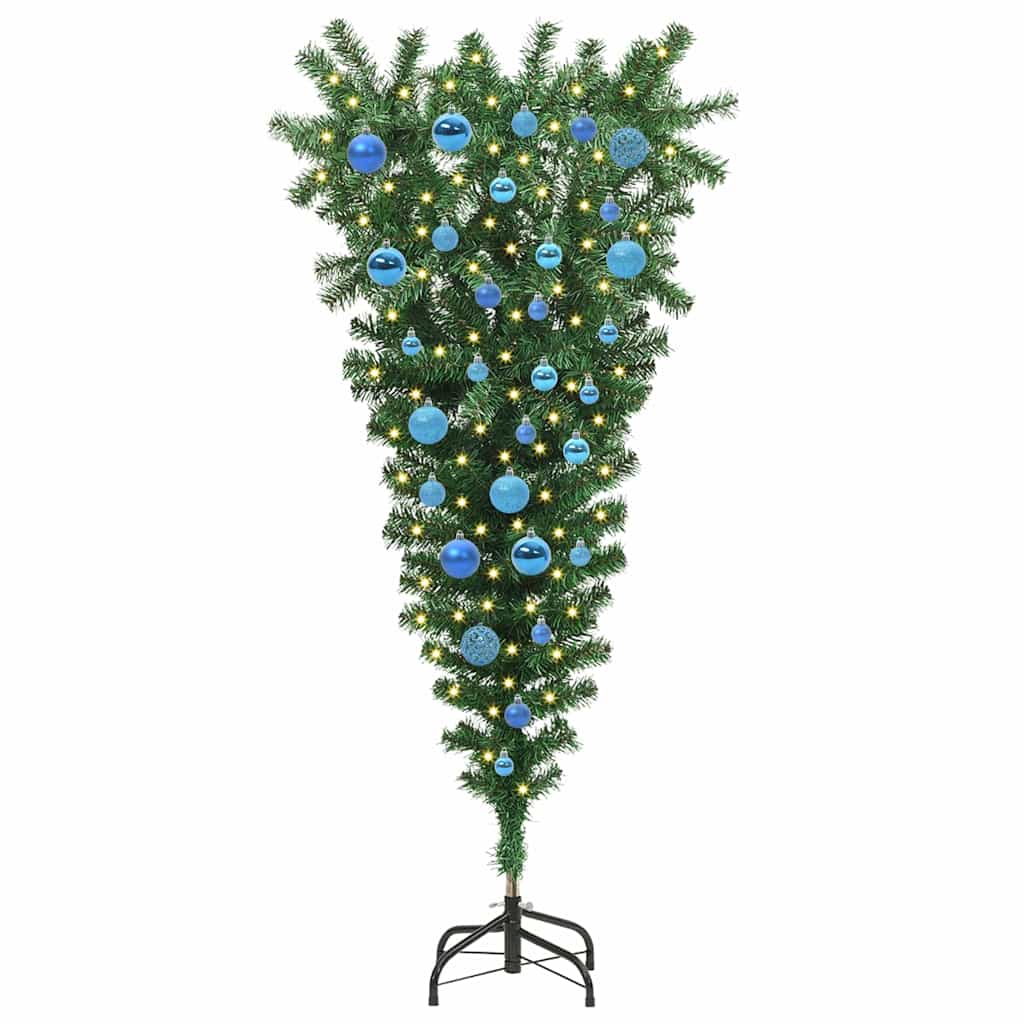 Upside-down Artificial Pre-lit Christmas Tree with Ball Set PVC Width 150 cm with 61 blue balls