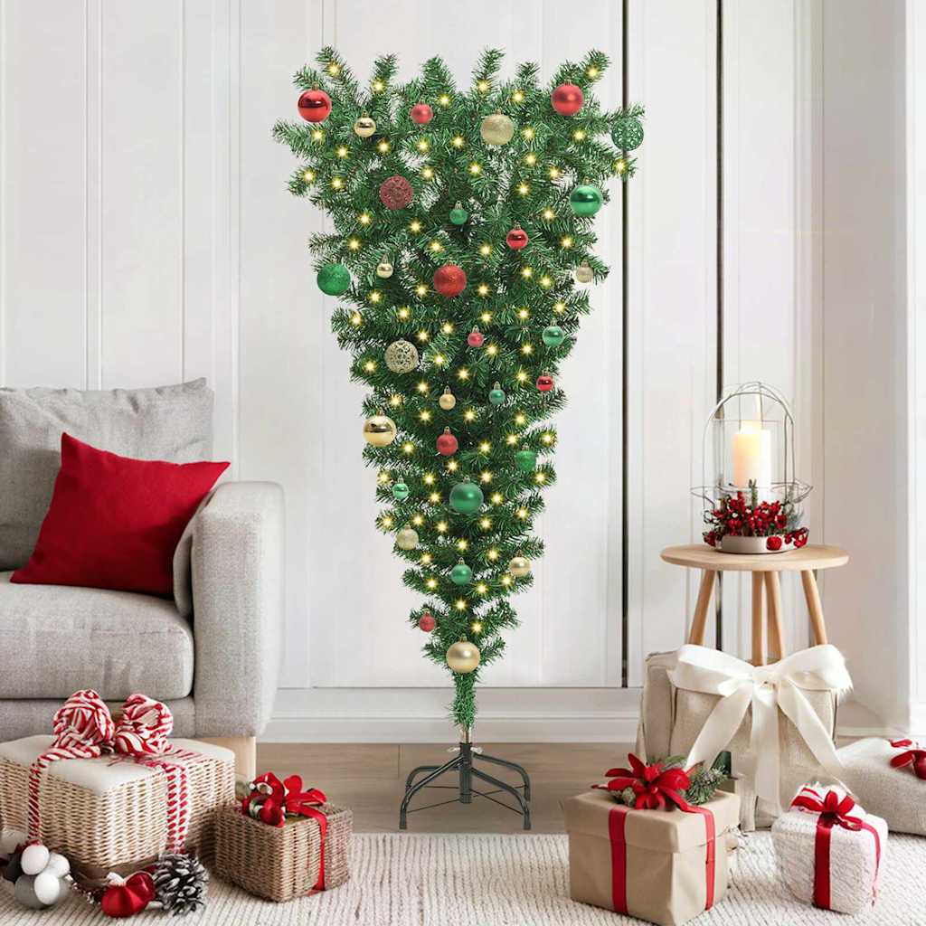 Upside-down Artificial Pre-lit Christmas Tree with Ball Set PVC Width 150 cm with 61 multicolour balls