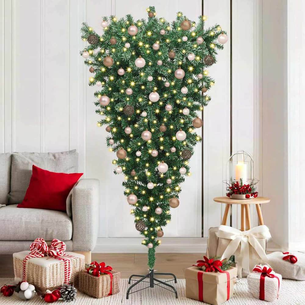 Upside-down Artificial Pre-lit Christmas Tree with Ball Set PVC Width 180 cm with 120 rose gold balls