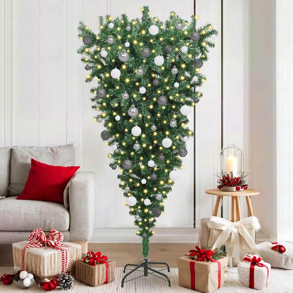 Upside-down Artificial Pre-lit Christmas Tree with Ball Set PVC Width 180 cm with 120 white/grey balls