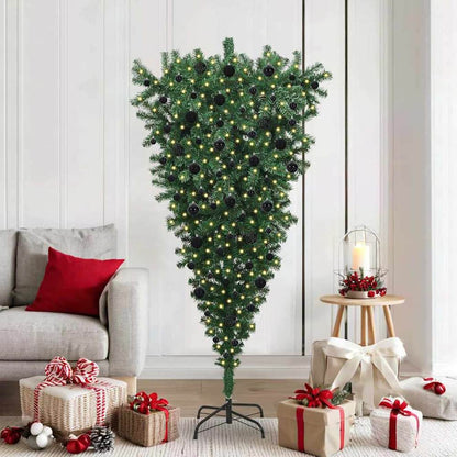 Upside-down Artificial Pre-lit Christmas Tree with Ball Set PVC Width 180 cm with 120 black balls
