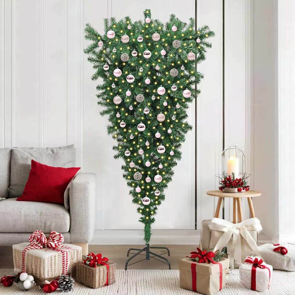 Upside-down Artificial Pre-lit Christmas Tree with Ball Set PVC Width 180 cm with 120 pink balls