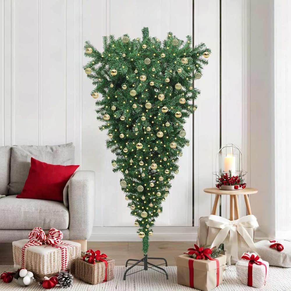 Upside-down Artificial Pre-lit Christmas Tree with Ball Set PVC Width 180 cm with 120 golden balls
