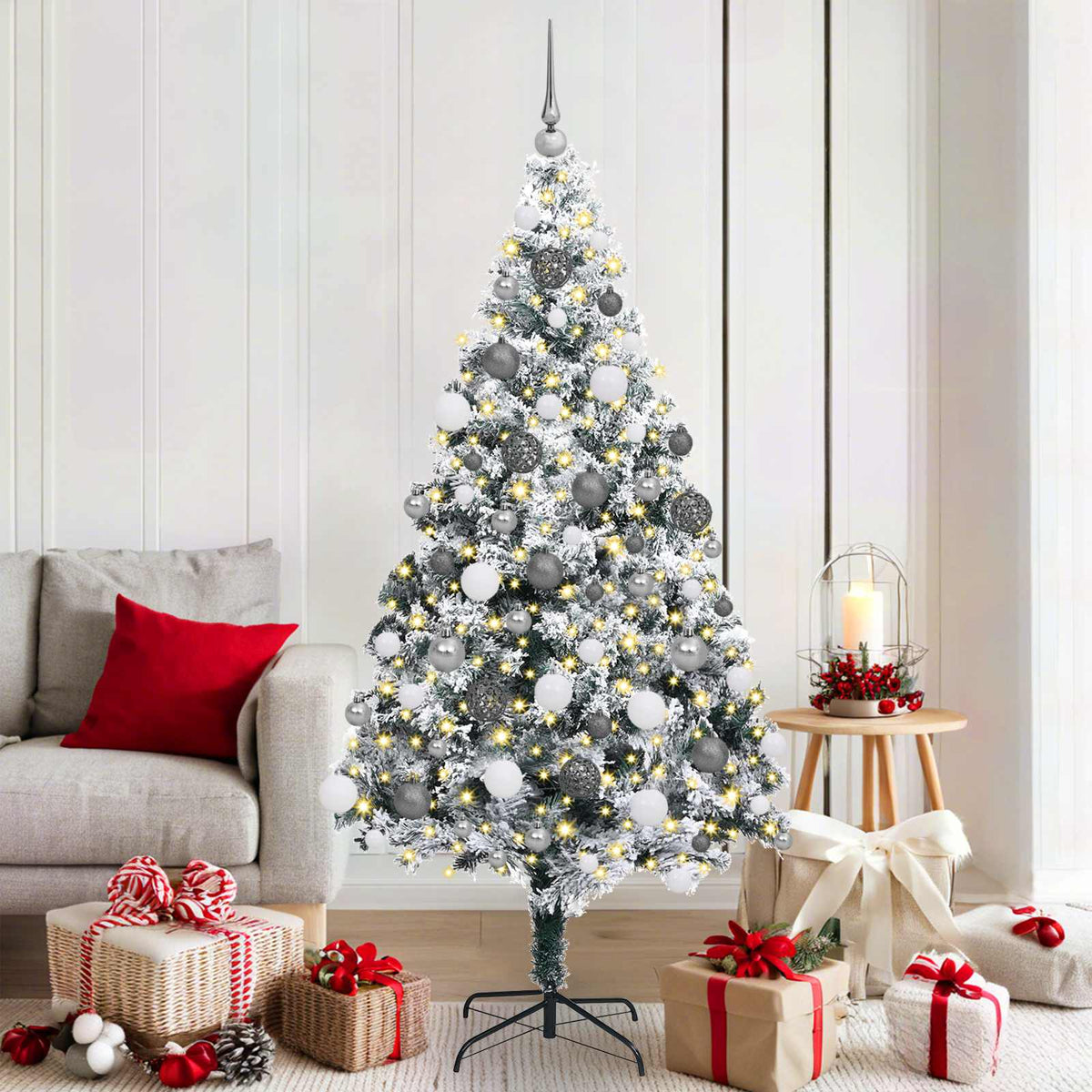 Artificial Christmas Tree White 180 cm with 120 white/grey balls