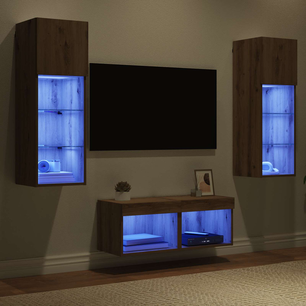 4 Piece TV Wall Cabinets with LED Lights Artisan oak