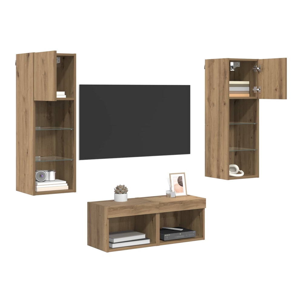 4 Piece TV Wall Cabinets with LED Lights Artisan oak